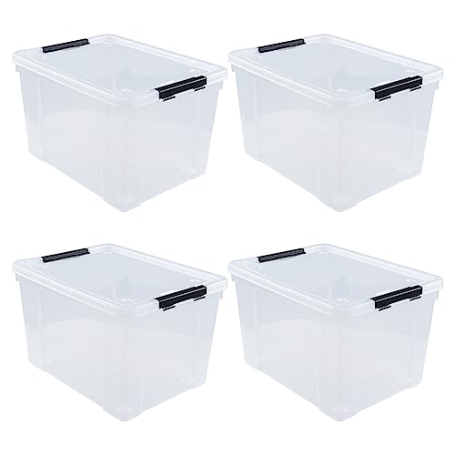 4-Pack 50 L Clear Plastic Storage Bin, Large Latch Box with Wheels | Heavy-duty plastic, bottom rolling wheels, large capacity storage box, suitable for closet, garage and attic storage - size: 50 L