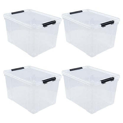 4-Pack 50 L Clear Plastic Storage Bin, Large Latch Box with Wheels | Heavy-duty plastic, bottom rolling wheels, large capacity storage box, suitable for closet, garage and attic storage - size: 50 L