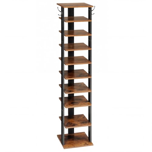 HOOBRO 10 Tiers Vertical Shoe Rack, Wooden Shoe Storage Organizer with Hooks, Narrow Shoe Tower for 10 Pairs, Space Saving, for Entryway, Living Room, Bedroom, Rustic Brown BF141XJ01 - color: Rustic Brown, size: 10 Tier (11"W)