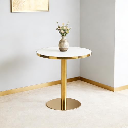 31.5" Round Dining Table, Glossy Sintered Stone Circle Tulip Table with Gold Pedestal, Modern Dining Room Table for Kitchen, Cafe, Living Room (White with Gold) - color: White With Gold