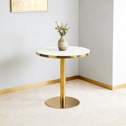 31.5" Round Dining Table, Glossy Sintered Stone Circle Tulip Table with Gold Pedestal, Modern Dining Room Table for Kitchen, Cafe, Living Room (White with Gold) - color: White With Gold