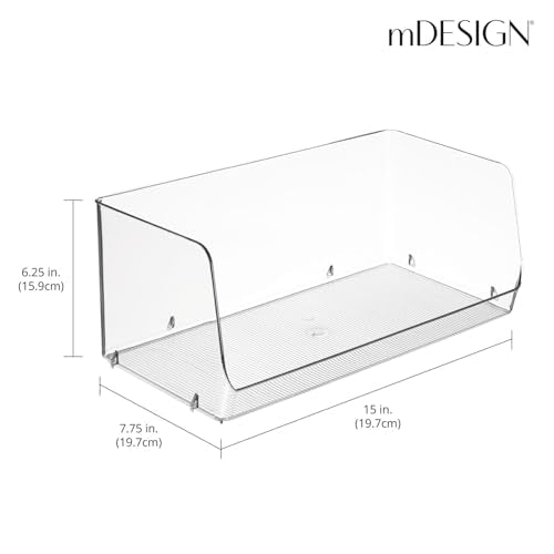 mDesign Modern Stackable Plastic Open Front Dip Extra Large Storage Organizer Bin Basket for Kitchen Organization, Shelf, Cubby, Cabinet, and Pantry Organizing Decor, Ligne Collection - 2 Pack - Clear