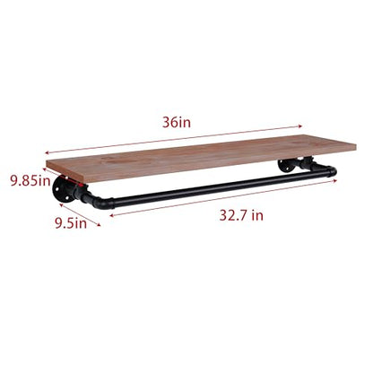 Clothes Rack 36in, Wall Mounted Garment Rack with Real Wood Shelf, Heavy Duty Hanging Clothes Rack, Multi-Purpose Hanging Rod, Space-Saving Closet Storage - color: Brown, size: 1T36IN