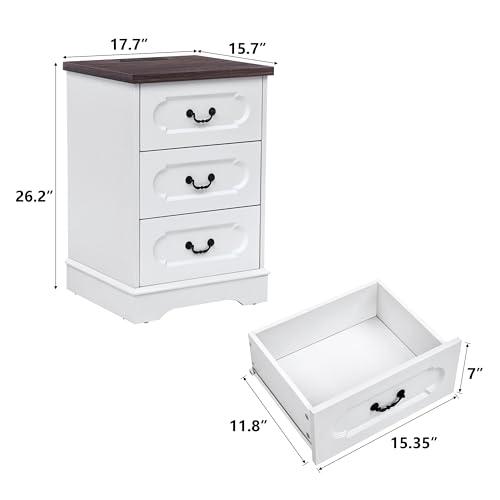 3 Drawer Dresser for Bedroom White Bedroom Dresser with Charging Station | Farmhouse Wood Chest of Drawers, Rustic Small Drawers Dressers Nightstand Wooden Closet Storage Cabinet, Living Room - color: White, size: 15.7"D x 17.7"W x 26.2"H (3 Drawers)