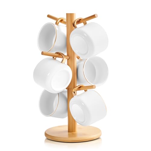 Bamboo Mug Tree for Counter, 6 Hooks Detachable Coffee Mug Holder, Decorative Mug Racks for Coffee Bar Organizer