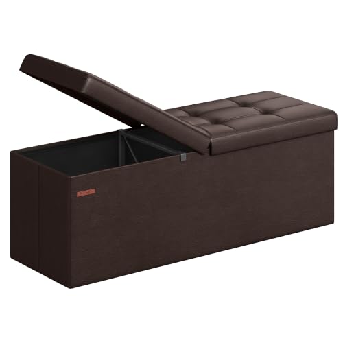 SONGMICS MAZIE Collection - 43 Inches Storage Ottoman Bench with Flipping Lid, Storage Chest with Iron Frame Support, Load 660 lb, for Living Room, Bedroom, Synthetic Leather, Brown ULSF75BR - color: Brown, size: 15"D x 43"W x 15"H, style: Classic