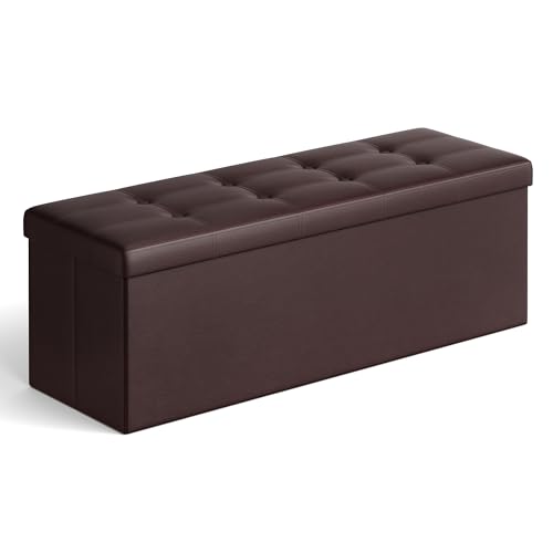 SONGMICS MAZIE Collection - 43 Inches Folding Storage Ottoman Bench, Ottoman with Storage, Foot Rest Stool, Load 660 lb, for Living Room, Synthetic Leather, Brown ULSF703 - color: Brown, size: 15"D x 43"W x 15"H