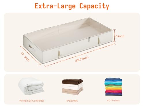 Side-Supported Under Bed Storage Containers, 6 Inches Tall 60L Underbed Storage Bins with Sturdy Handles and Sidewalls, Closet Organizer for Clothes, Blankets, Seasonal Items, Beige, 2-Pack | Underbed Storage Bin with Sturdy Handles and Sidewalls, Closet