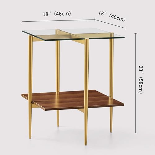 LumFurn Square Glass End Table, Mid-Century Modern Side Table for Living Room, L18xW18xH23inch, Clear Glass and Walnut MDF Wood, Gold Finish Frame - color: L18" Clear & Walnut