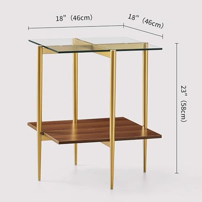 LumFurn Square Glass End Table, Mid-Century Modern Side Table for Living Room, L18xW18xH23inch, Clear Glass and Walnut MDF Wood, Gold Finish Frame - color: L18" Clear & Walnut