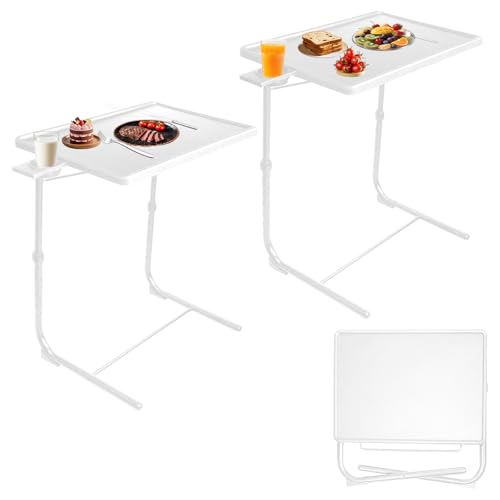 Adjustable TV Tray Tables Set of 2, Folding with Cup Holders, White | 6 height settings and 3 tilt angles for dining, reading or laptop use; portable fold-flat design suits couches and recliners
