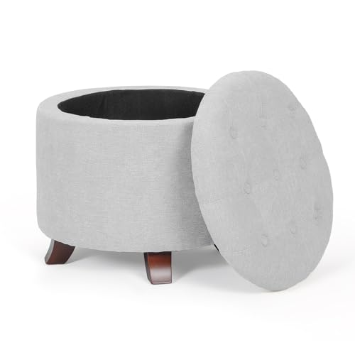 Athena Collection 20 Inch Small Ottoman with Storage, Round Linen Fabric Storage Ottoman with Removable Lid, Stylish Footstool Foot Rest for Living Room, Bedroom, Dorm, Grey - color: Grey, size: 20"D x 20"W x 17"H