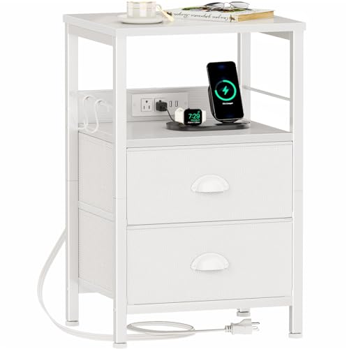 Furologee End Table with Charging Station, Nightstand with Fabric Drawers, Side Tables with USB Ports & Outlets, Night Stand with Storage Shelf & Hooks, for Living Room/Bedroom, White - color: White, size: 1 pc(14.96"D x 11.02"W x 23.62"H)