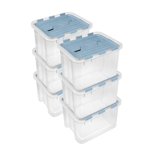 Sterilite Hinged Lid Storage Box, Plastic Container, 30 Quart, 6-Pack | Washed Blue - Home Organizer Tote for Storing Shoes, Crafts, Clothing, or Decor - size: 30 Quart