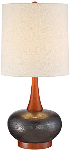Andi 24 1/2" High Table Lamp Wood Ceramic Mid-Century Modern White | Colors May Vary. Hammered Bronze Brown Living Room Bedroom House Bedside Nightstand Home Office Drum Shade - color: Wood and Dark Hammered Ceramic