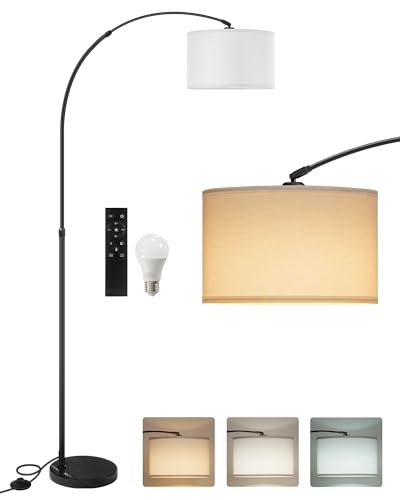 75" Arc Floor Lamp with Marble Base and Adjustable Height, Rotating Hanging Shade, Dimmable Floor Lamp for Living Room with Remote and Foot Switch, 3CCT, Over Couch Arched Light, White Shade W15LD05 - color: Black + White