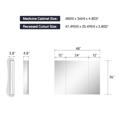 48"x36" Medicine Cabinet with Mirror & Soft Close Hinges, Surface Mount or Recessed Medicine Cabinet with Adjustable Shelves, Bathroom Wall Medicine Cabinet with Storage, Aluminum Alloy Frame, Combo - size: 48" x 36"