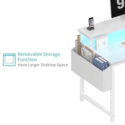 Lufeiya White Computer Desk with LED Lights and Power Outlets, 40 Inch Home Office Desks with Monitor Stand, Teen Writing Study Table Gaming Desk with Charging Station, White - color: White, size: 39.4"