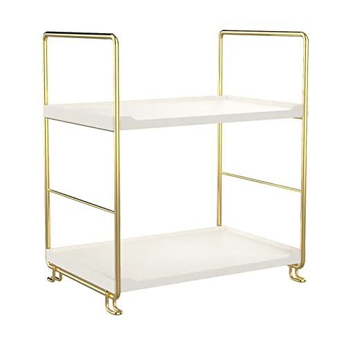 2-Tier Kitchen Spice Rack - Freestanding Stackable Bathroom Countertop Storage Shelf - Cosmetic Organizer Holder- Square Standing Rack (Golden) - color: Golden