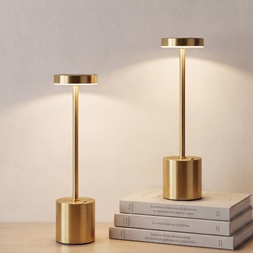 Cordless Table Lamp Set of 2, Gold Rechargeable Table Light | 5000mAh Battery Wireless 3 Color Dimmable Touch Lamp Table Light for Restaurant Dining Patio Outdoor, Home Decor, Puzzle - color: 2 Pcs Gold