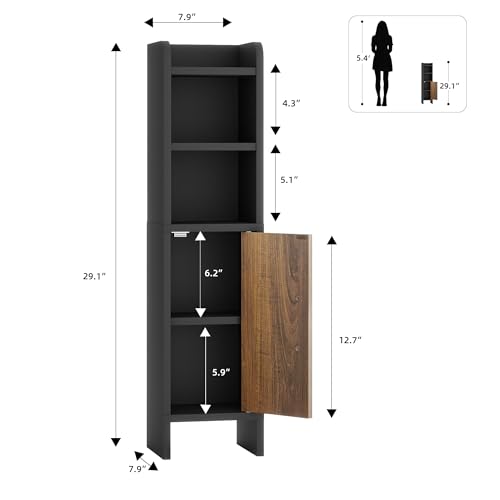 Small Bathroom Storage Corner Floor Cabinet Narrow Toilet Paper Cabinet with Adjustable Shelves Wooden Slim Bathroom Organizers and Storage with Fluted Door for Small Spaces, Black - color: Black