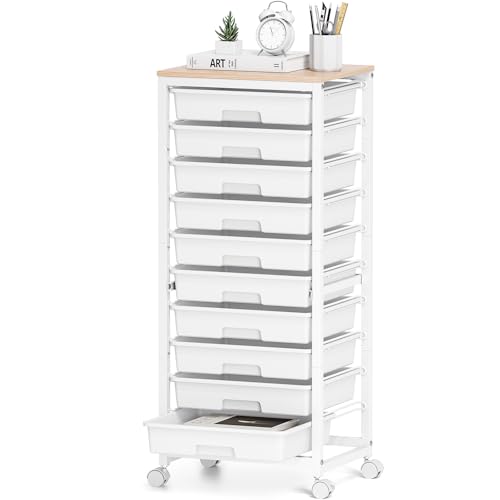 Sykiariol Rolling Cart with Drawers,White | 10 Drawer Rolling Cart for Craft Storage,Storage Cart with Lockable Wheels and Wooden Tabletop for Classroom,Office - color: white