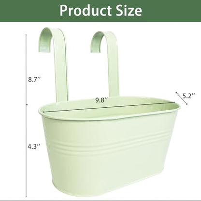 2 Pack 10" Balcony Hanging Metal Fence Planters Flower Pots, Mint Green | Removable hook, Drainage hole, Rustproof, For flowers / herbs / succulents, veggies, For railings / fences / balconies - color: Mint Green