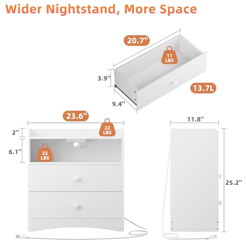 Nightstand with Charging Station and LED Light, White | Modern Nightstand, USB Ports, Outlets, Wood Bedside Table, 2 Storage Drawers, Small Dresser, Bedroom, Small Space - color: White, size: 1 Pack
