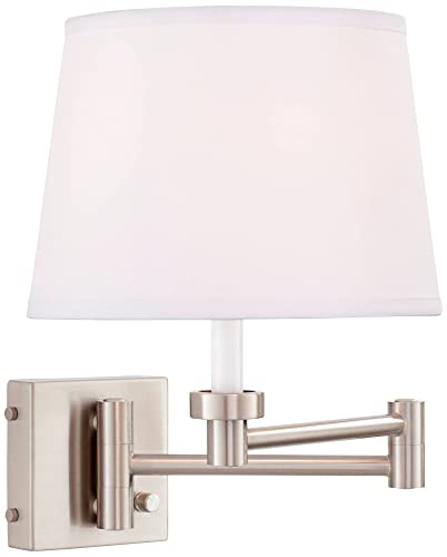 Vero Brushed Nickel Swing Arm Plug-In USB Wall Lamps Set of 2 Light Fixture | Modern Charging Port White Hardback Drum Shade for Bedroom Bedside Living Room Reading House