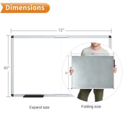 VIZ-PRO Large Magnetic Dry Erase Whiteboard, 72 x 40 Inches, Foldable | Silver Aluminum Frame, Wall-Mounted White Board with Marker Tray for School Office and Home - size: 72"W x 40"H