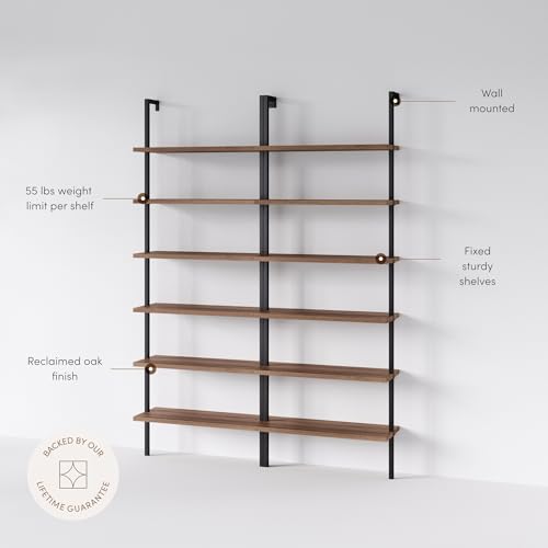 Nathan James Theo 6-Shelf Tall Bookcase, Wall Mount Bookshelf with Reclaimed Oak Wood and Industrial Metal Frame, Reclaimed Oak/Matte Black, Set of 2 - color: Oak/Matte Black, size: Set of 2