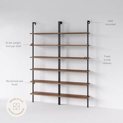 Nathan James Theo 6-Shelf Tall Bookcase, Wall Mount Bookshelf with Reclaimed Oak Wood and Industrial Metal Frame, Reclaimed Oak/Matte Black, Set of 2 - color: Oak/Matte Black, size: Set of 2