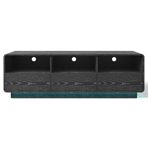 RoyalCraft TV Stand for TVs Up to 65", Modern Black Entertainment Center with 3 Storage Drawers and LED Lights, Curved Wood Media TV Console for Living Room, Bedroom - color: Black