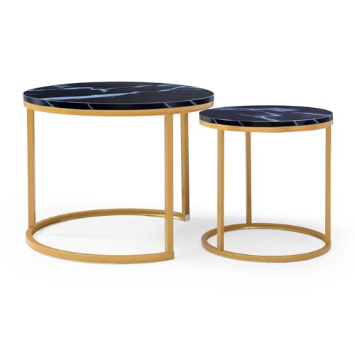 Nesting Coffee Table Set of 2 for Small Spaces, 23.6" Round Coffee Table with Marble Pattern Wood Top & Golden Metal Frame, Modern End Side Tables for Living Room, Apartment - color: Black, Gold
