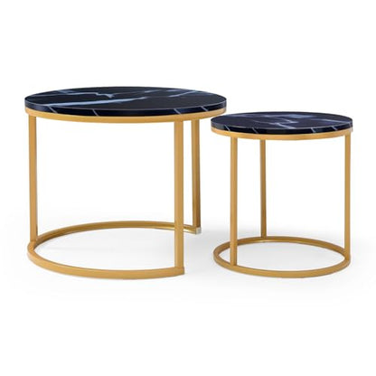 Nesting Coffee Table Set of 2 for Small Spaces, 23.6" Round Coffee Table with Marble Pattern Wood Top & Golden Metal Frame, Modern End Side Tables for Living Room, Apartment - color: Black, Gold