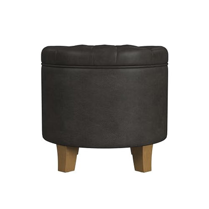 HomePop 19" Faux Leather Button Tufted Round Storage Ottoman - Black - color: Black Faux Leather