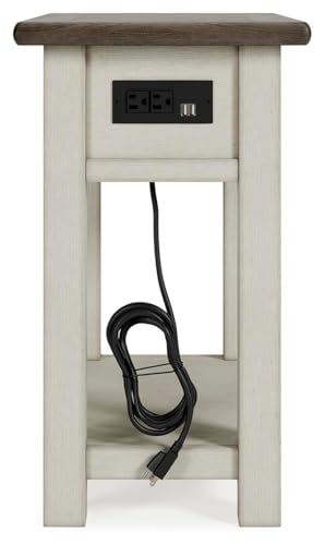Signature Design by Ashley Bolanburg Narrow End Table, Charging Station | Slim 14-inch profile with USB charging, Wood, White oak veneers and engineered wood, Farmhouse style for small living rooms - color: Dark Brown & White