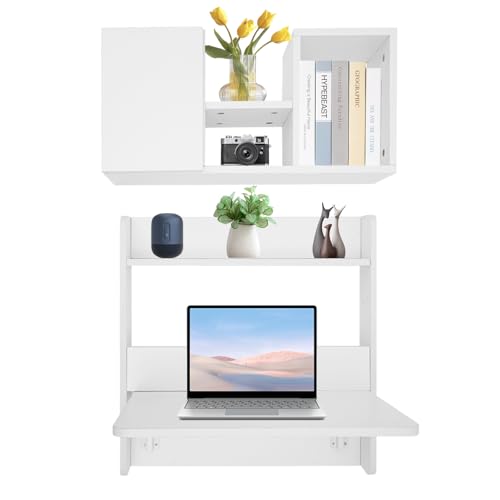 Wall Mounted Folding Desk, Solid Wood Floating Laptop Desk with Wall Mounted Bookshelf for Living Room Coffee Shop Apartments, 88lbs Table Load-Bearing (White) - color: White