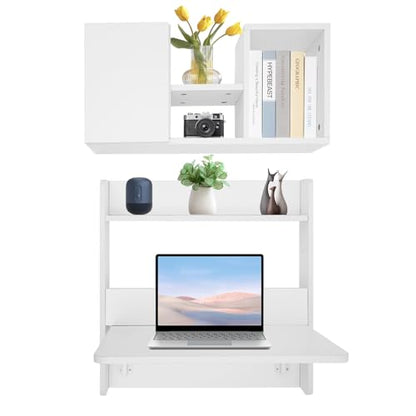 Wall Mounted Folding Desk, Solid Wood Floating Laptop Desk with Wall Mounted Bookshelf for Living Room Coffee Shop Apartments, 88lbs Table Load-Bearing (White) - color: White
