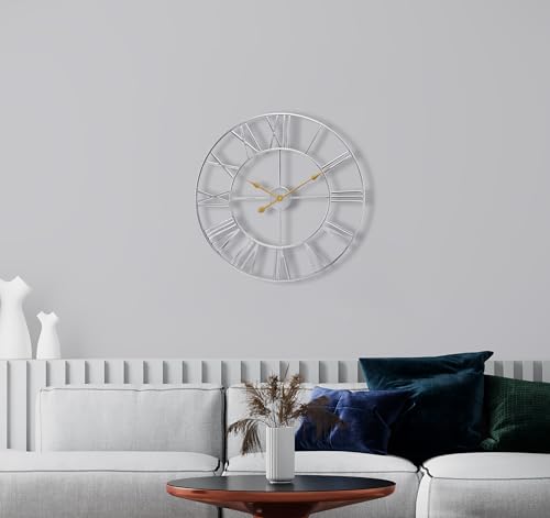 Sorbus Large Wall Clock for Living Room Decor - 16 inch Big Wall Clock Decorative - Battery Operated - Roman Numeral Analog Large Clock for Bedroom, Room, Home, Kitchen, Office, Wall Decor (Silver) - color: Silver, size: 16"