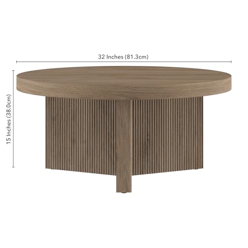 Henn&Hart 32" Scandinavian Fluted Coffee Table, Weathered Gray | Ribbed pedestal base and low profile bring Scandinavian style to small spaces including living rooms or family rooms - color: Weathered Gray, size: 32 inches