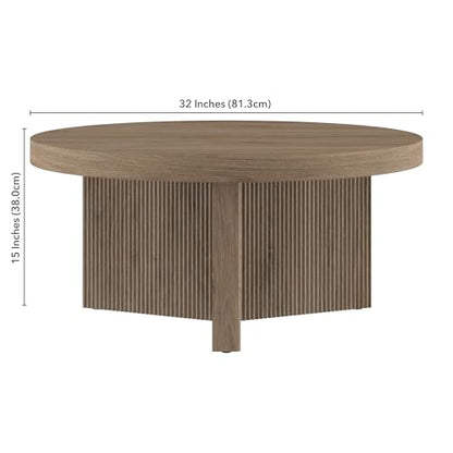 Henn&Hart 32" Scandinavian Fluted Coffee Table, Weathered Gray | Ribbed pedestal base and low profile bring Scandinavian style to small spaces including living rooms or family rooms - color: Weathered Gray, size: 32 inches