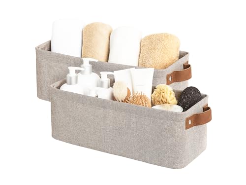 StorageWorks Narrow Storage Bins, Long Baskets, Brown and Beige, 2-Pack | With Metal Frame, Sturdy Structure, Reinforced PU Handles, Toilet Paper Storage, Small Baskets for Bathroom, Closet, Shelf - color: Brown and Beige, size: 15"L x 6"W x 5"H
