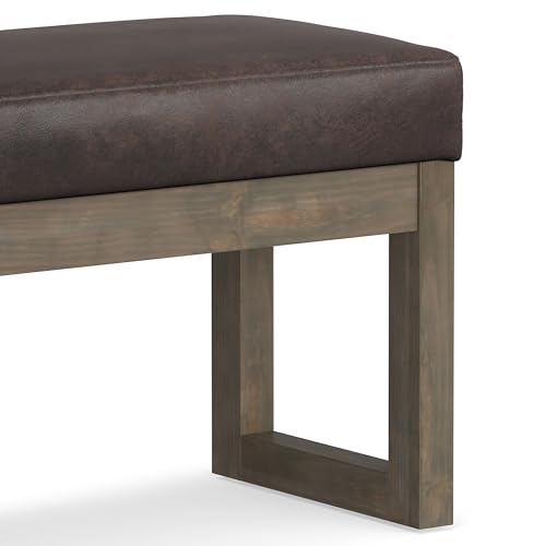 SIMPLIHOME Milltown 27" Wide Vegan Leather Ottoman in Distressed Brown | Contemporary ottoman with a cushioned seat for bedroom seating; rectangle footstool, footrest or bench. - color: Distressed Brown, style: Small Ottoman Bench