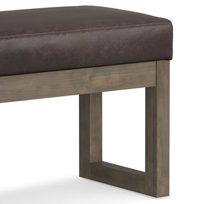 SIMPLIHOME Milltown 27" Wide Vegan Leather Ottoman in Distressed Brown | Contemporary ottoman with a cushioned seat for bedroom seating; rectangle footstool, footrest or bench. - color: Distressed Brown, style: Small Ottoman Bench