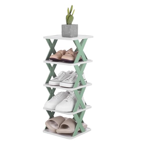 uxcell 5-Tier Plastic Shoe Rack, Vertical Shoe Rack Stackable Storage Organizer Folding Space-Saving Narrow Slot Shelf for Closet Livingroom Entryway Garage, Green/White - color: Green/White, size: 10.2x9.4x25.8 Inch