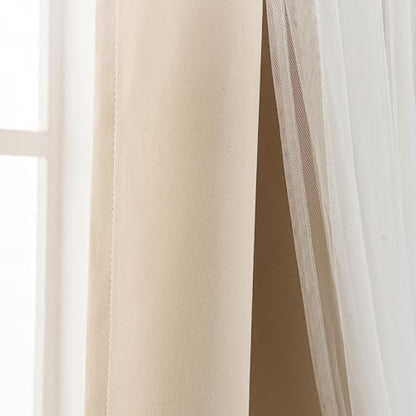 INLINAS Blackout Curtains with Sheer Overlay, Beige, 52x72 Inches | Grommet Top Double Layer Curtains for Bedroom and Living Room Thermal Reduction Light Blocking and Energy Saving, Set of 2 - color: Beige, size: 52"W x 72"L (Pack of 2)