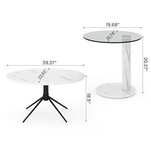 AWQM Oval Coffee Side Table Set of 2, Faux Marble Top and Modern Tempered Transparent Glass Top,Perfect for Living Room,Cafe,Home,and Office. - size: Set of 2