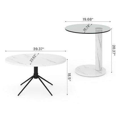 AWQM Oval Coffee Side Table Set of 2, Faux Marble Top and Modern Tempered Transparent Glass Top,Perfect for Living Room,Cafe,Home,and Office. - size: Set of 2