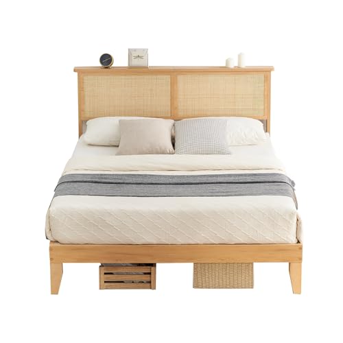 GarveeHome Rattan Bed Frame Queen, Rustic-Chic Bed Frame Queen Size with Natural Rattan Headboard, Queen Bed with Led Lights, Wooden Support Legs and Slats, Noise-Free, No Box Spring Needed - size: Queen